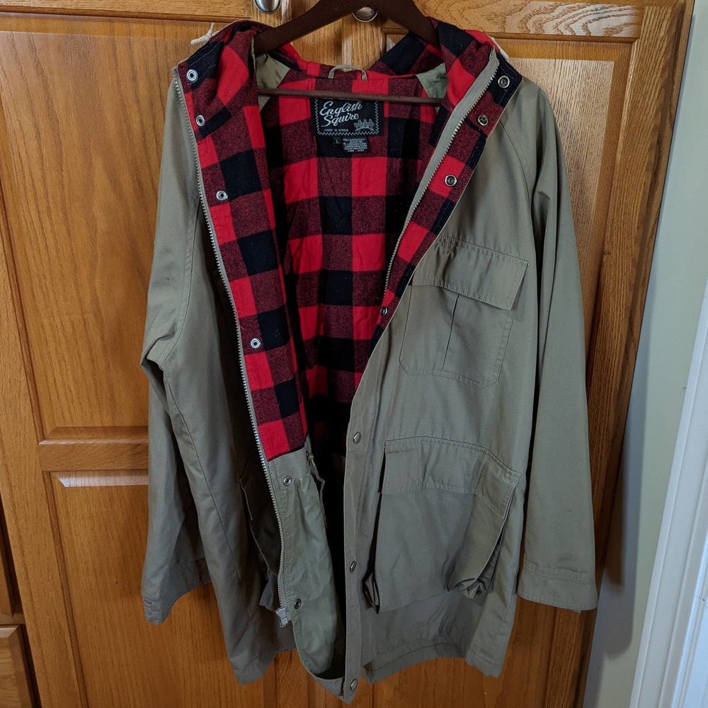 Vintage English Squire Beige Jacket Trench Coat Plaid Red Black women size L